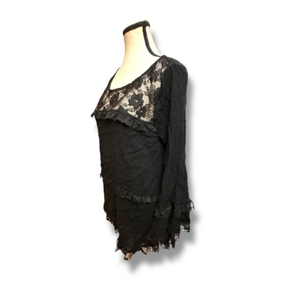 Women’s L Easel Black Lace Mesh Tiered Bell Sleeve Top - Picture 2 of 8